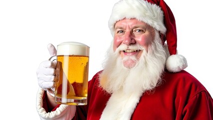 Close-up of happy Santa Claus with beard and moustache in traditional suit. He holds a mug of light beer and makes a "Cool" sign with his hand. Christmas vertical concept of hop drink