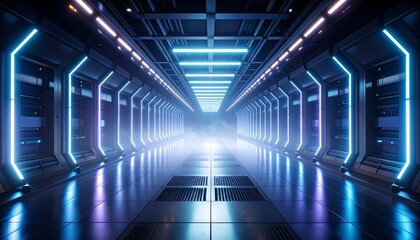 Walking Down Futuristic Corridor with Neon Lights and Fog