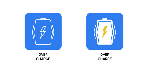 Battery Overcharge Warning Icon Set with Lightning Symbol and Blue Background