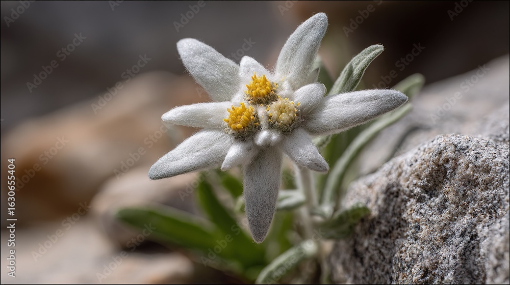 Poster a macro image of a tiny white blossom featuring a sunny stamen at its core surrounded by a stone bac