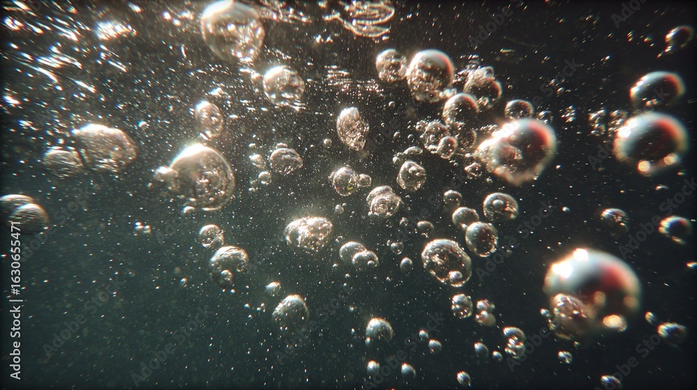 Aufkleber bubbles floating on a black backdrop with light illuminating their base