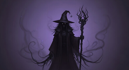 A dark witch with glowing eyes holding a staff with flames against a purple smoky background