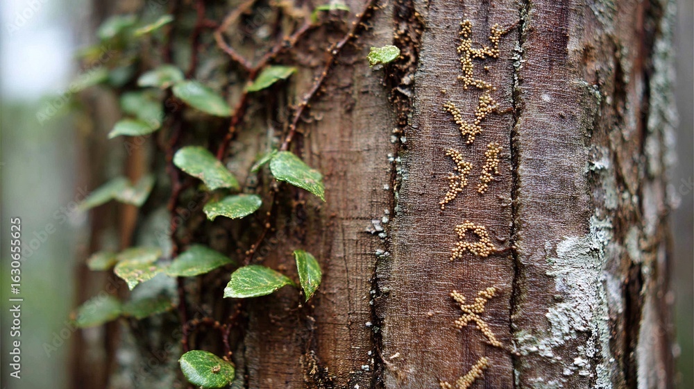 Poster a close-up of a tree with vines growing on its bark and entwining around the trunk the vivid green f