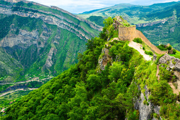 Picturesque mountain landscape with a photofacility tower of the Russian fortress in Gunib. Dagestan, Caucasus