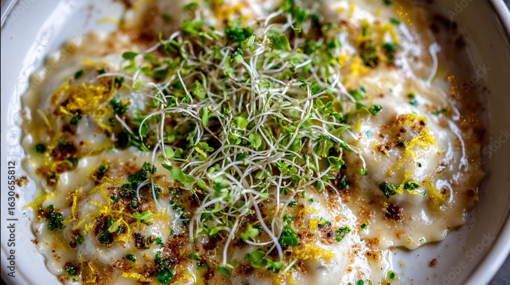 Poster a macro shot of a platter with broccoli sprouts and cheese as its main elements