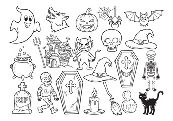 Halloween doodle collection with spooky characters and symbols