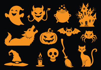 Halloween Icons Collection Orange Silhouettes ghost