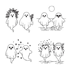 Cute cartoon ghosts in various Halloween scenes drawing