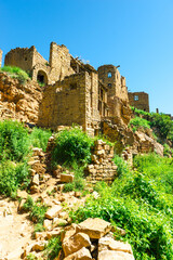 Stone ruins in the mountain ghost village of Gamsutl, Caucasus