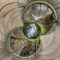 creative tiny planet photo of a rural landscape with dirt road, green fields, and cloudy sky...
