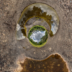 creative tiny planet photo of a rural landscape with dirt road, green fields, and cloudy sky...