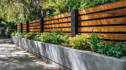 Stylish wooden fence with concrete base and plant life, creating a secluded and decorative outdoor space. Perfect privacy and greenery combo.