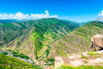 Beautiful view of the Picturesque landscape of the canyon of the mountain river Avarskoe Koisu in the mountains of the North Caucasus
