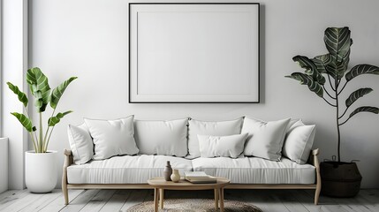 Modern White Living Room Interior Empty Frame Mockup