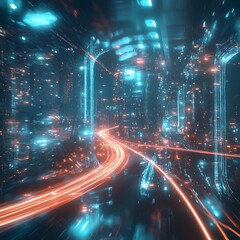 High tech corridor with purple current swirl inside high resolution picture