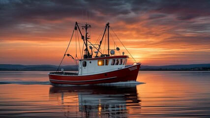 Fishing boat navigates calm waters at sunset