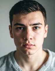 Obraz premium Young man with natural, imperfect skin looking at camera indoors, skincare realism.