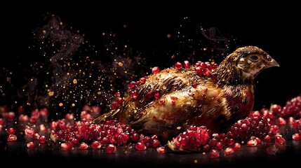 Obraz premium A bird perched on top of stacked pomegranates atop a dark table against a black backdrop