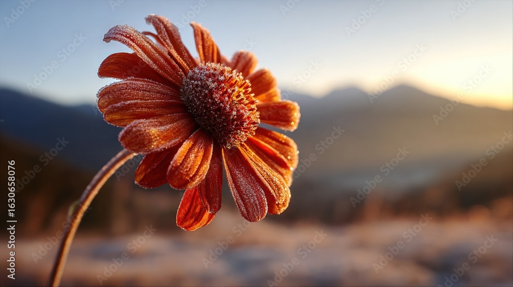 Poster a close-up of a flower with a mountain in the background appears blurred due to the poor focus on th