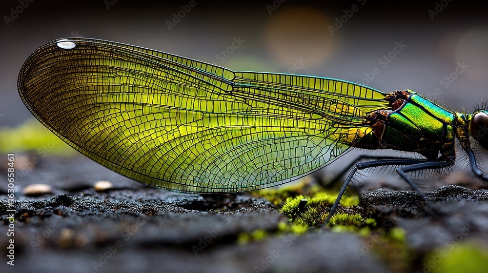 Poster a close-up photo of a colorful insect lying still on the ground with its wings open and shuttered ey
