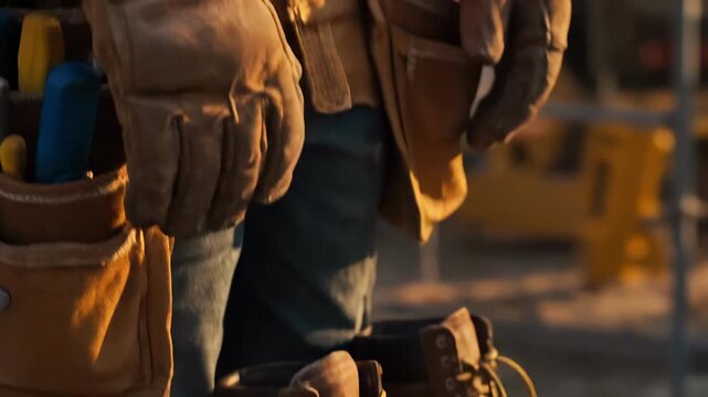 Construction worker gearing up and preparing for a day at the building site with essential safety equipment