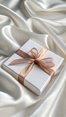 Elegant White Gift Box With Golden Ribbon Bow On Smooth Ivory Silk Fabric Background For Luxury Celebration And Special Occasion

