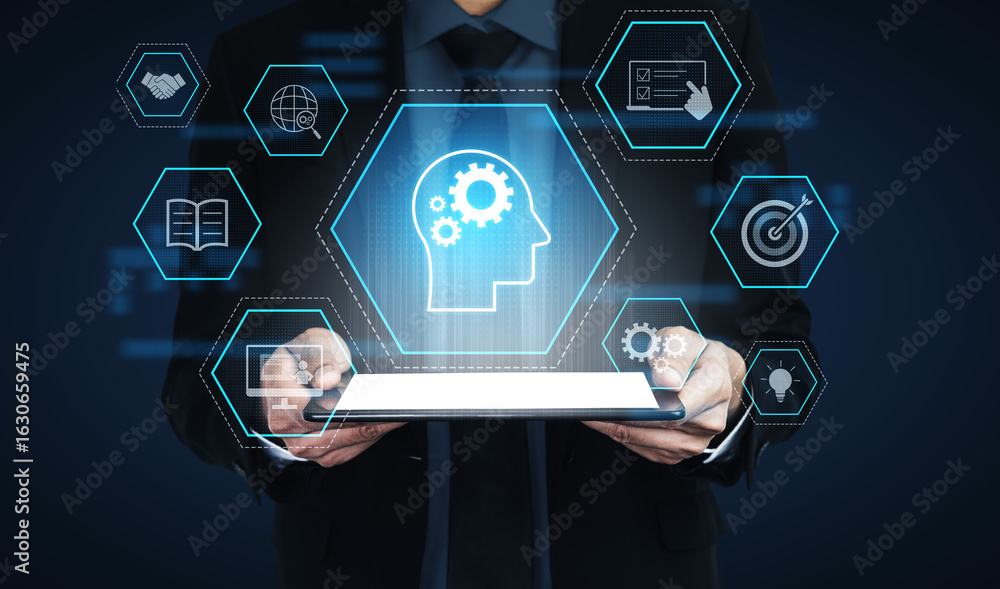 Poster head with gear and icons representing learning, digital training, and development process, showing s