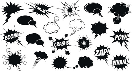Vector art of collection of comic book style sound effect bursts and speech bubbles, isolated on white background transparent background