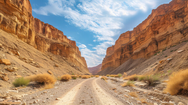 Desert Canyon Road: A rugged path winds through towering rock formations under a vast sky.