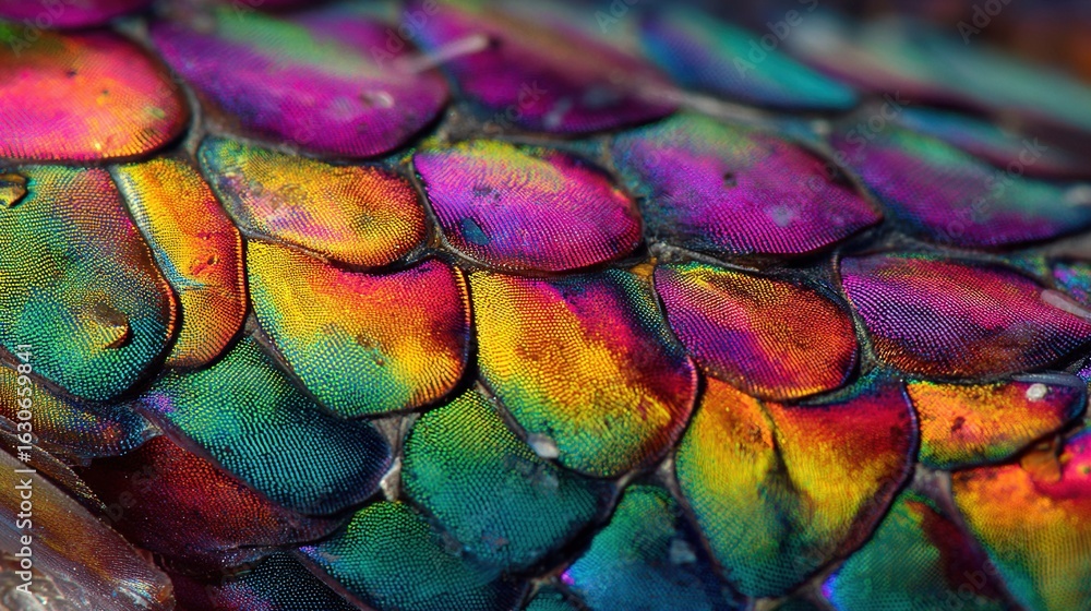 Poster a zoomed-in shot of a vibrant snake's scales, showcasing a diverse array of hues on its backside