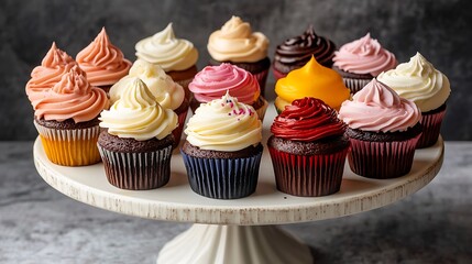 Beautifully decorated colorful cupcakes arranged on a cake stand, perfect for birthdays, weddings, or sweet tables.

