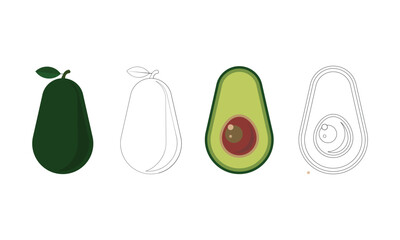 Vector illustration set of avocado in whole fruit, half fruit, and outline styles. Includes detailed seed and leaf elements. Isolated on white background.