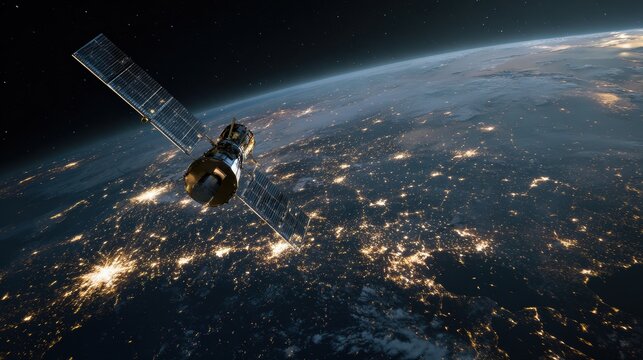 satellite orbiting earth at night - Powered by Adobe