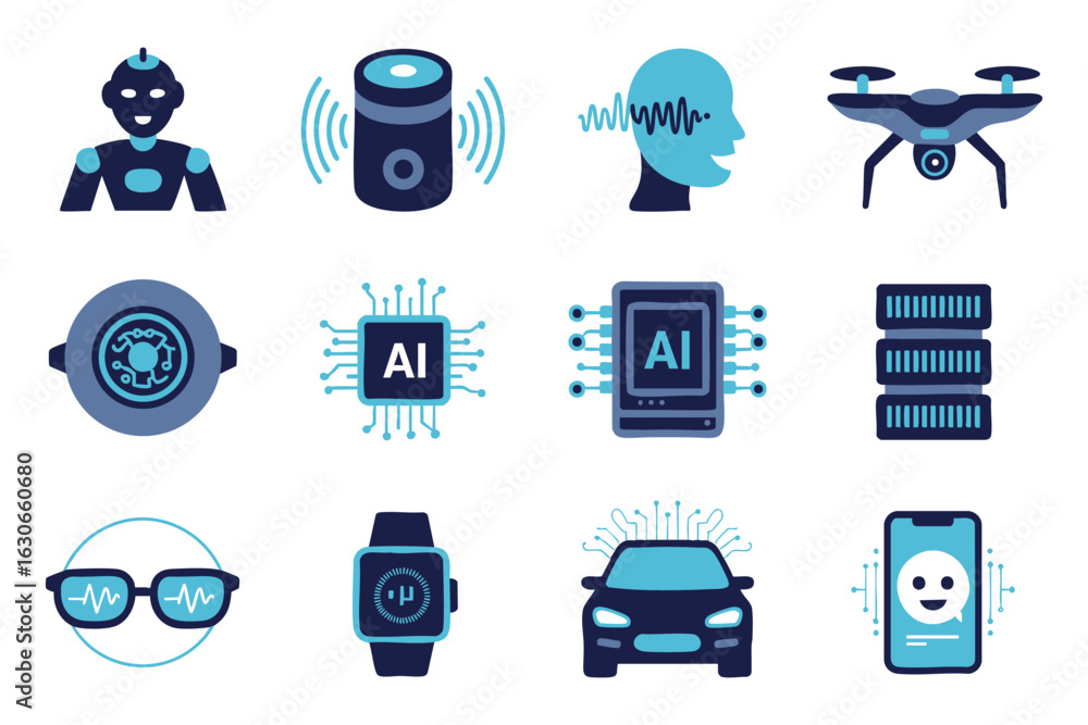 Poster artificial intelligence technology icons robotics automation and smart devices