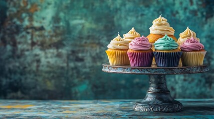 Beautifully decorated colorful cupcakes arranged on a cake stand, perfect for birthdays, weddings, or sweet tables.

