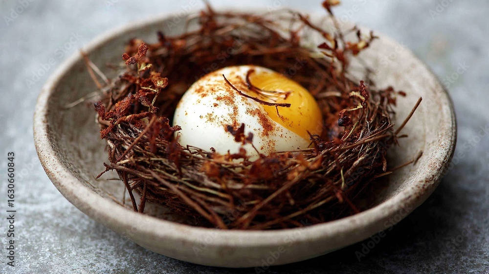 Poster a zoomed-in photo of a bird's nest containing an egg inside its shell, placed on a table