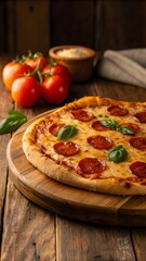Delicious Pepperoni Pizza With Cheese And Basil On Wooden Board With Fresh Tomatoes In Rustic Italian Food Background

