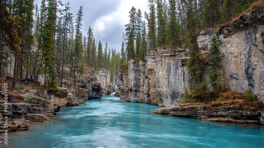 Poster a river flows through a verdant forest, its path surrounded by towering pines