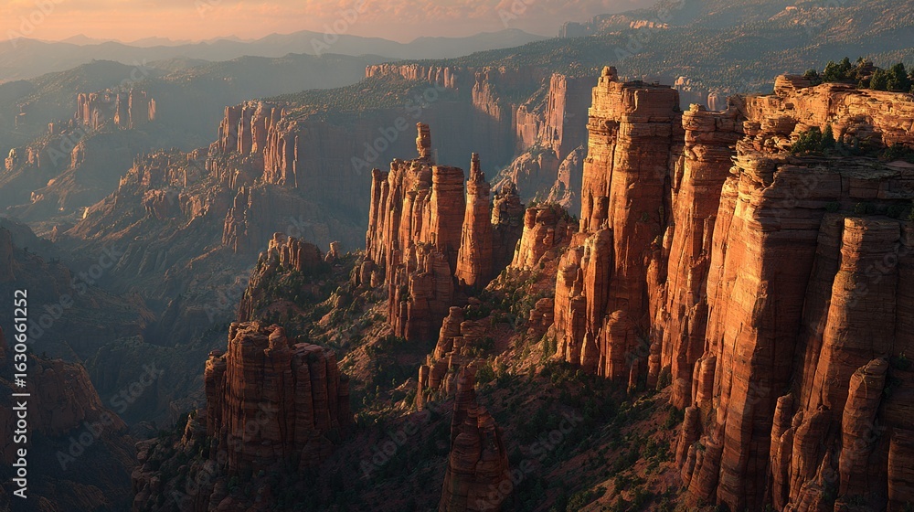 Poster scenic mountain range view with rock formations in foreground and trees on distant horizon