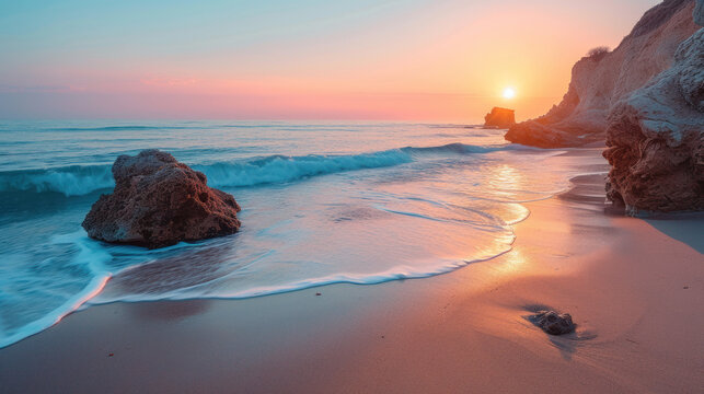 Coastal sunrise with gentle waves washing over sandy beach and rocky outcroppings. Serene ocean landscape.