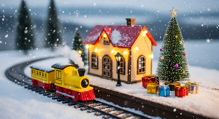 Naklejka premium Christmas Village Toy Train Set with Snow, Christmas Tree, and Festive Decorations for Holiday Decor and Winter Display 