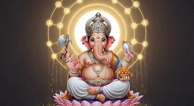 Lord Ganesha Sitting On Lotus Flower Blessing Devotees With Divine Light