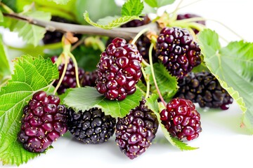 Fresh ripe mulberries on branch with green leaves, isolated on white background.