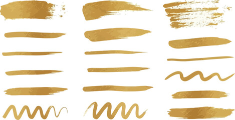 Vector art of collection of golden brush strokes and paint splatters isolated on white background for artistic design elements transparent background