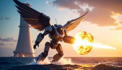 Obraz premium Winged Robot Firing Energy Blast Over Ocean at Sunset