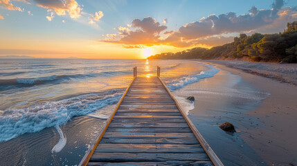 Golden sunset over a tranquil beach scene with a wooden pier stretching into the calm ocean waves.