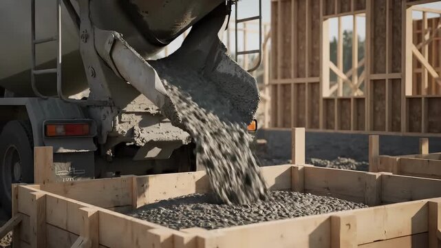 Cement pouring into wooden form for foundation in construction site