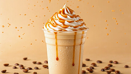 Indulge in this decadent caramel frappe topped with fluffy whipped cream and a rich caramel drizzle, perfect for a sweet treat.