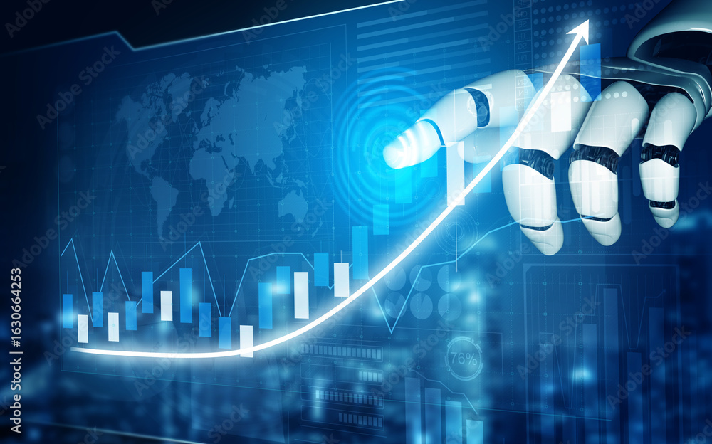 Poster a sophisticated robotic hand points towards an upward financial graph, symbolizing growth and potent