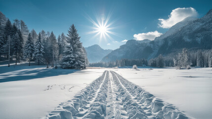 Sunlit winter landscape: Snowy path through a valley with snow-covered mountains and evergreen trees.